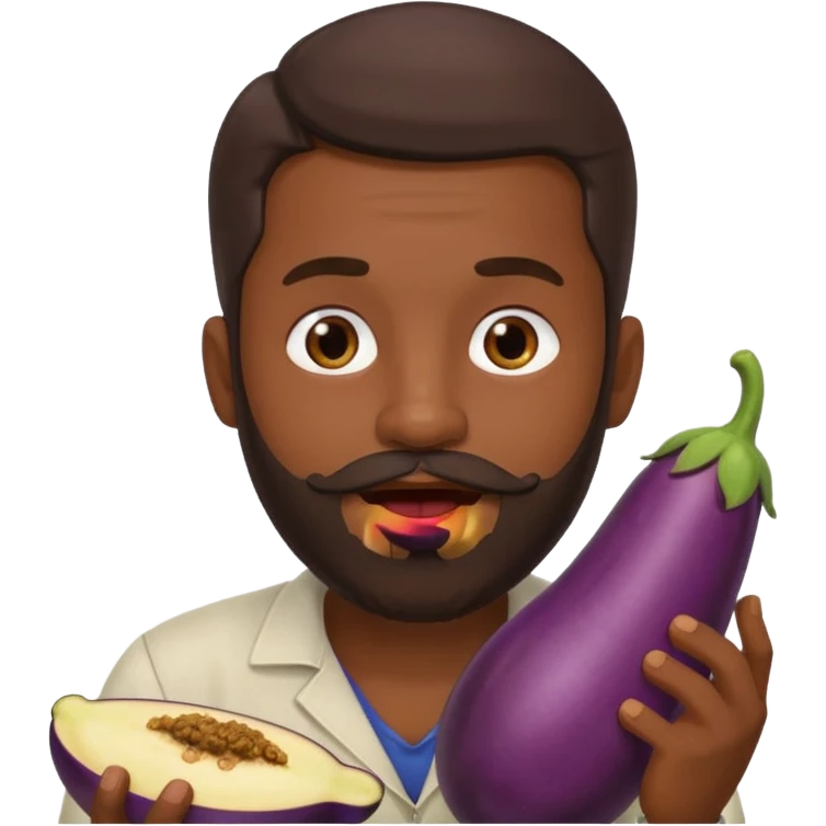 Dominican man with a beard has eggplant in his mouth emoji