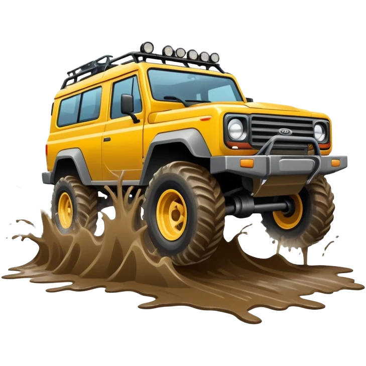 An icon showing an off-road vehicle driving through muddy terrain, inspired by Expeditions: A MudRunner Game. The design features splashing mud, rugged tracks, and dynamic movement, symbolizing the challenge of navigating tough landscapes. Transparent background emoji