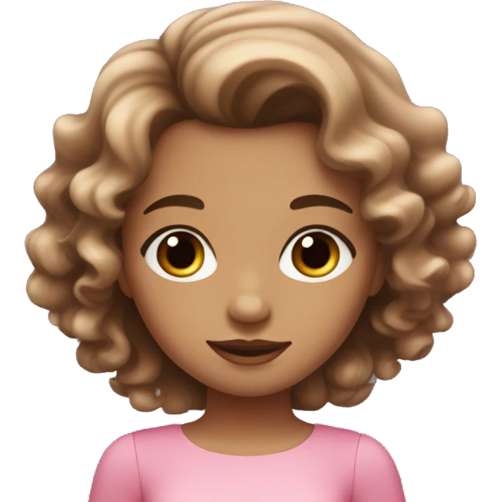 girl with wavy hair, eyes and hair brown and a pink dress coquette emoji