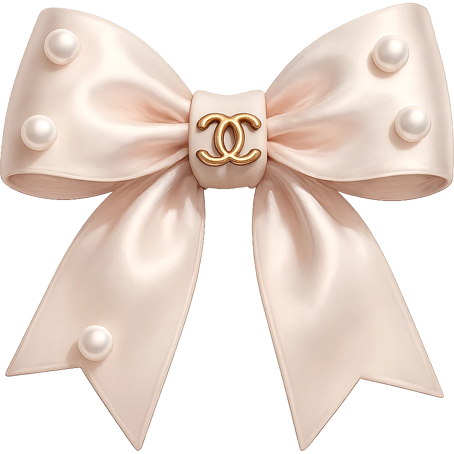 Remove the background, keep only the elegant bow with pearls and gold Chanel logo, glossy, pastel colors, realistic style, with no background. emoji
