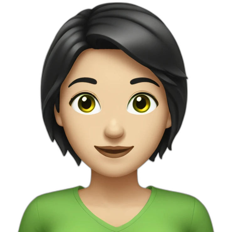 Caucasian woman with black hair and green eyes cheerful emoji