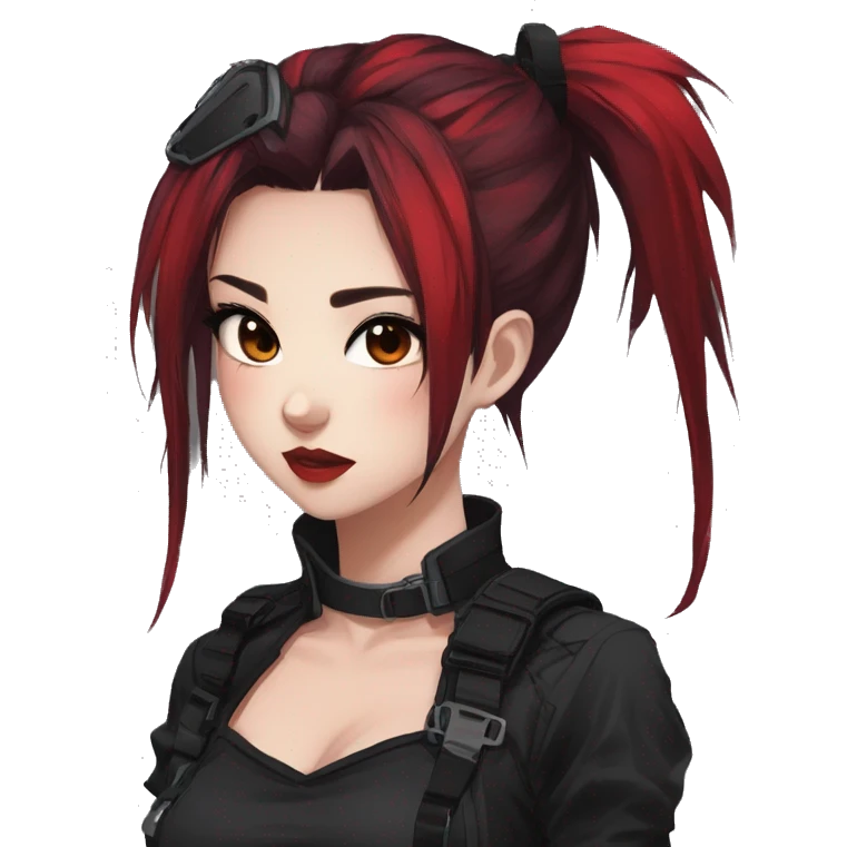 Gorgeous gothic dark techwear anime style tomboyish lady with blushing face aesthetic and pretty edgy black red punk messy ponytail hair with collar and harness trending style emoji