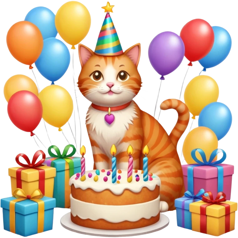 Ginger cat celebrates birthday, birthday hat, birthday cake, balloons, happy, gifts emoji