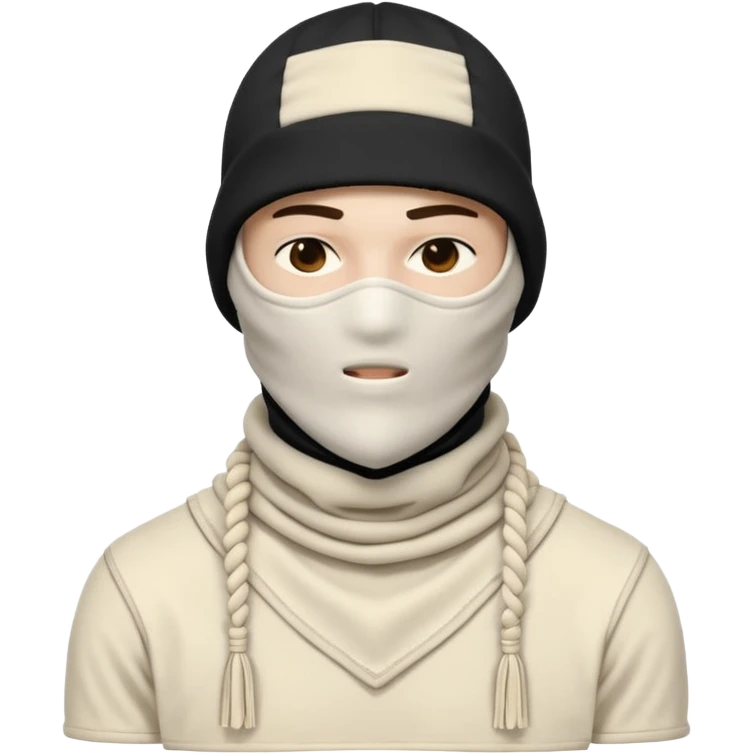 Ultra-detailed studio shot of a post-apocalyptic off-white balaclava — deconstructed, frayed, layered, with braided rope tassels and subtle embroidery. Minimalist white background, soft lighting, sharp focus. High-fashion streetwear aesthetic. The face of a person in a mask should not be visible emoji