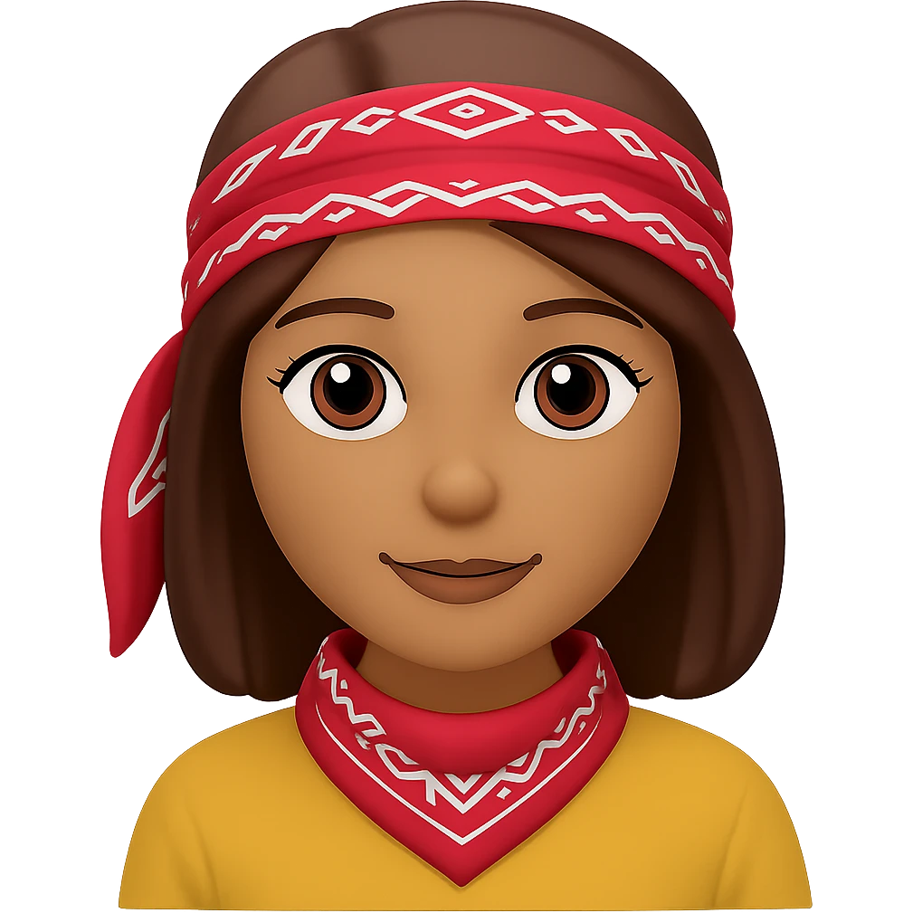 Create an image of a woman with a bandana and brown hair in the style of Apple emojis, with no background. The style should mimic the look of Apple emojis. emoji