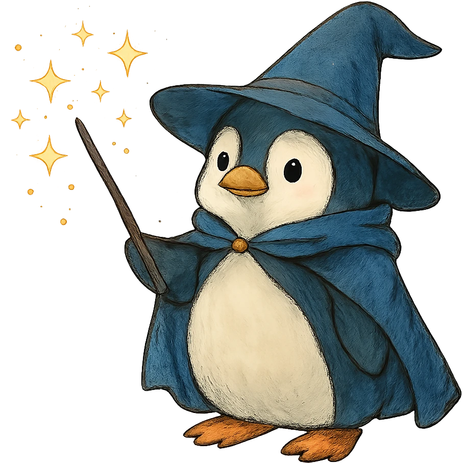 ghibli style wizard penguin with magical sparkles emoji