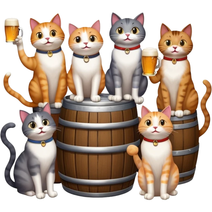 seven distinct cats standing around a beer keg, each cat drinking, all with goofy playful expressions emoji