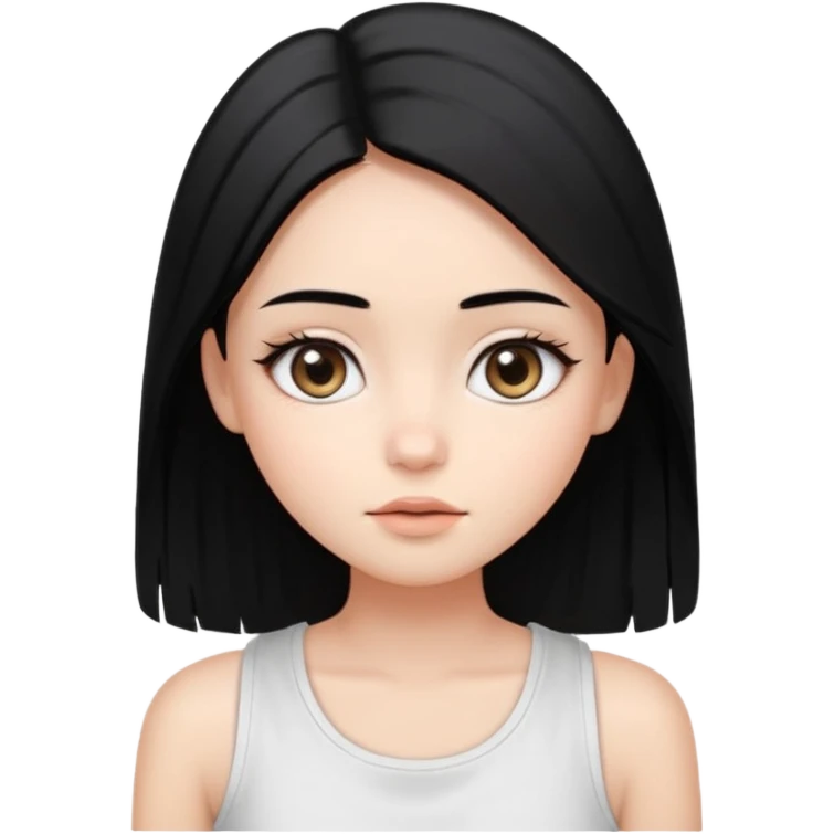 Smooth skin, soft shading, large expressive eyes, natural makeup. 
Long straight black hair, center part. 
Minimalistic and cute facial expression. 
White sleeveless top. 
Bright studio lighting, plain white background. 
High resolution, polished, modern, simple aesthetic. emoji