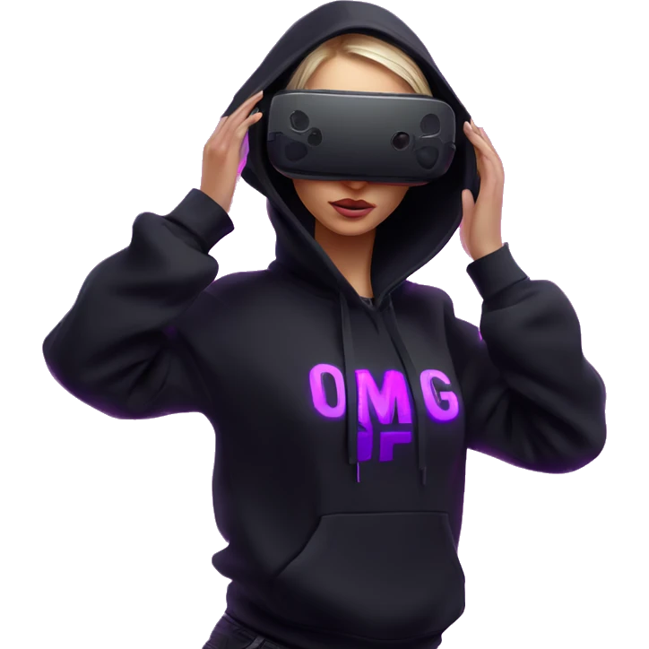 Russian girl wearing black hoody with violet letters "OMG", in vr headset. Cyberpunk style. Violet neon. emoji