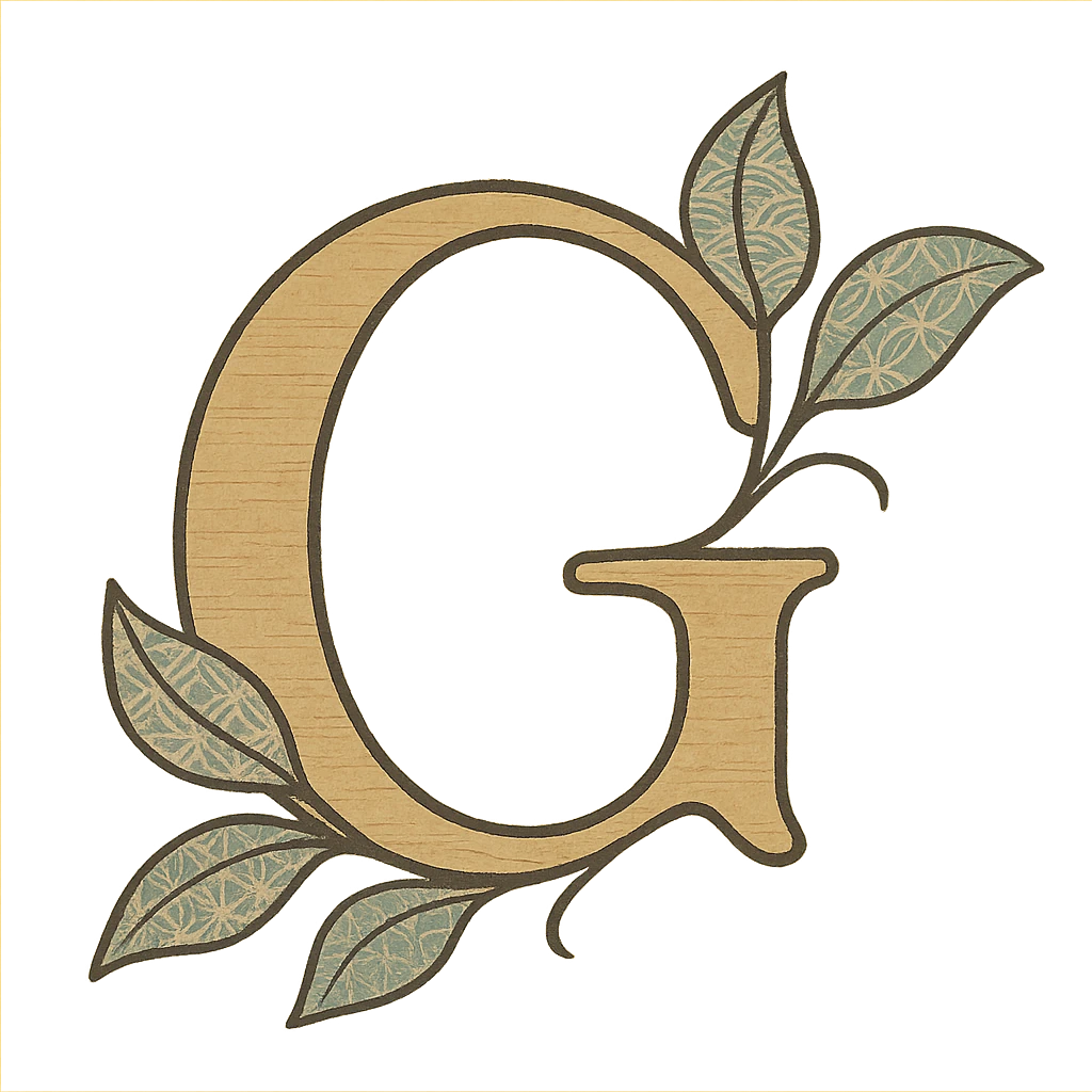 logo featuring the letter G with stylized leaves, elegant Japanese-inspired design emoji