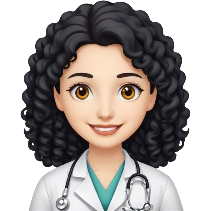 smiling doctor woman, brown eyes, white skin,  long black curly hair emoji