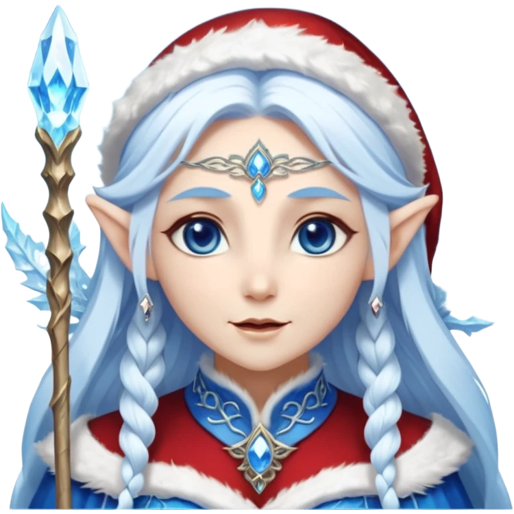 Legendary fantasy Christmas elf portrait icon, Santa Claus and Snow Maiden inspired, ancient winter spirit style, long flowing white-blue hair, glowing frost eyes, crystal staff, elegant elven features, divine winter magic aura, icy silver color palette, highly detailed but clean emoji icon emoji