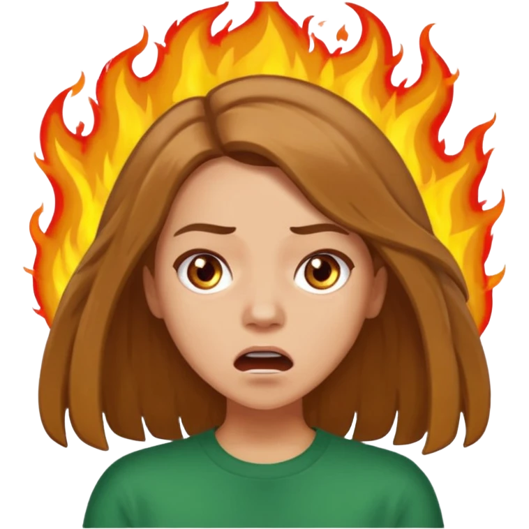 Woman with hair on fire looking stressed and panicked with brown shoulder length hair—longer hair please and light skin—an Irish gal emoji