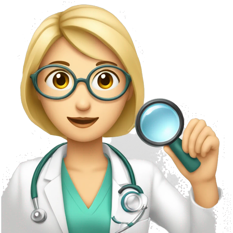Dessine moi une image d'un docteur femme avec un stéthoscope autour du couen train de regarder dans une loupe comme un détective emoji