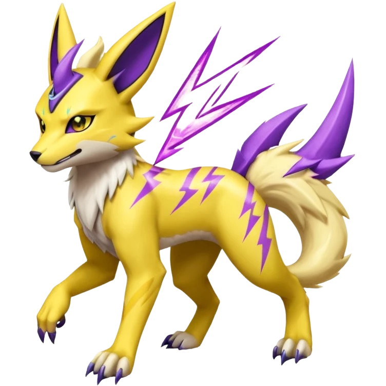 Yellow Renamon-Zeraora-Toxtricity-fusion with purple lightning-bolt-markings, and facial markings emoji