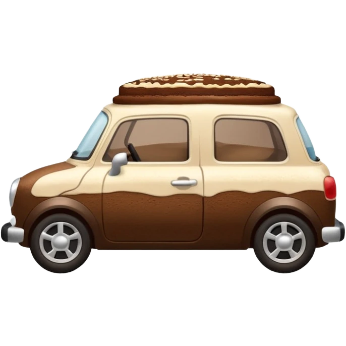 side view of a small car made from tiramisu, visible layers of coffee-soaked cake and mascarpone, dusted cocoa, cute and simple emoji
