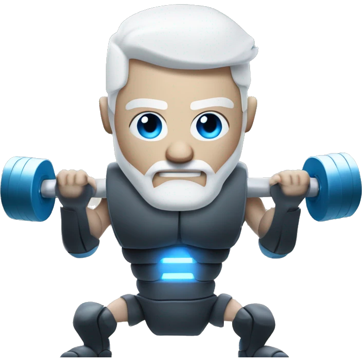 Bionic robot man with white hair and beard and blue human eyes flexing muscly arms and lifting weights   emoji