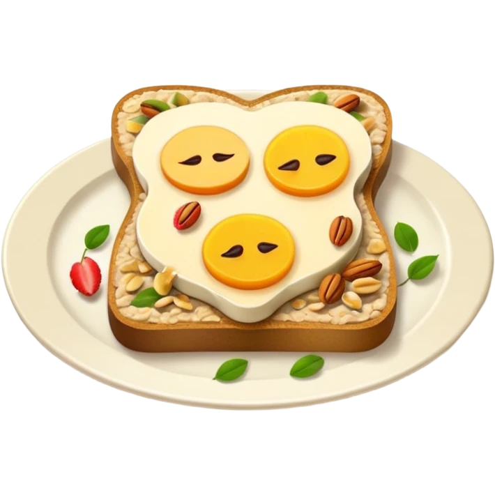Vegetarian breakfast emoji illustration, flat iOS emoji style, toast, fruits, oatmeal, nuts, milk, no eggs, no meat, no fish, no non-vegetarian food, clean white background.” emoji
