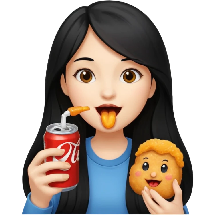 girl with long black hair eating with mouth on the chicken nugget and holding a soda can emoji