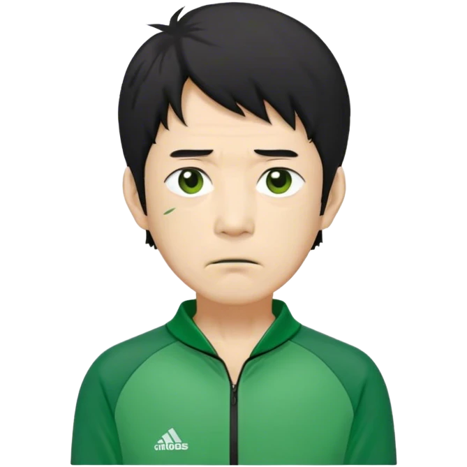 Seong Gi-hun : age 60, skinny and bony face, small mouth, unkempt black hair and tired eyes, Green player tracksuit. emoji