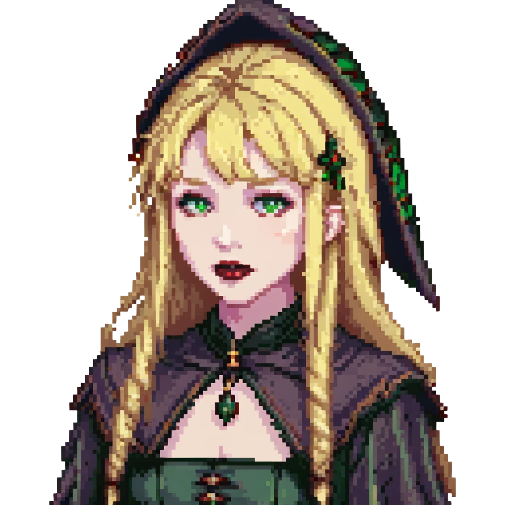 young witch, fair skin, long blonde hair with bangs, green eyes, dark lipstick, pixel art emoji