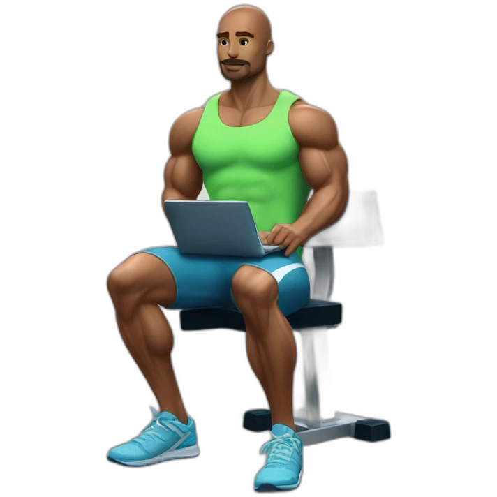 man on musculation bench with portable computer used as dumbbels emoji