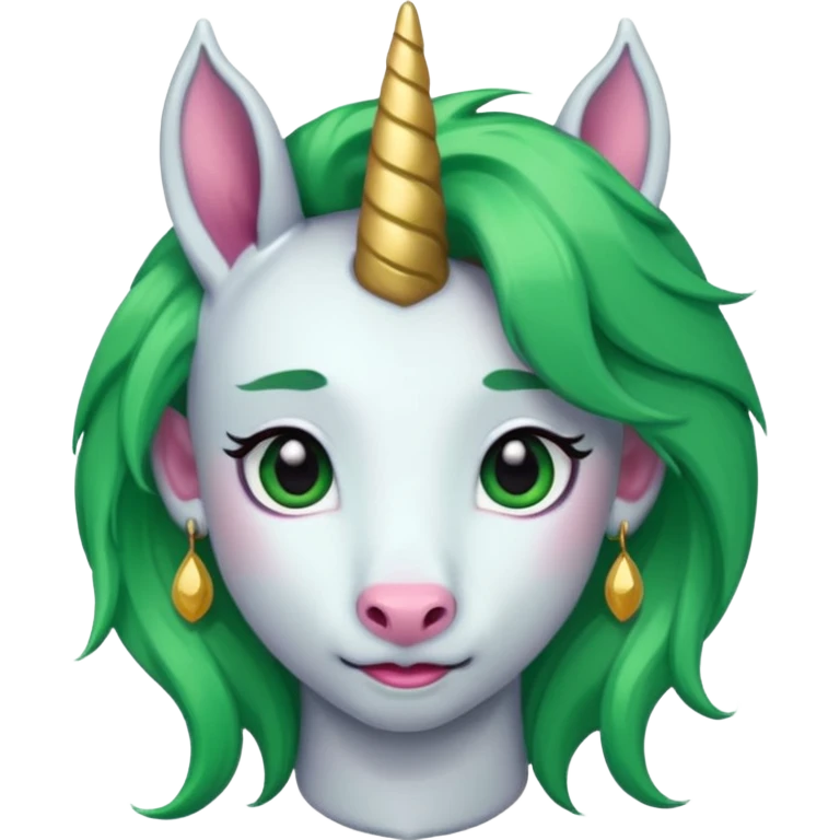 unicorn with green hair and big earrings looking into camera emoji