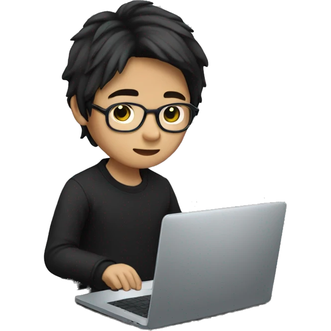 asian boy with glasses, long hair working, wearing black clothes , on his laptop  emoji