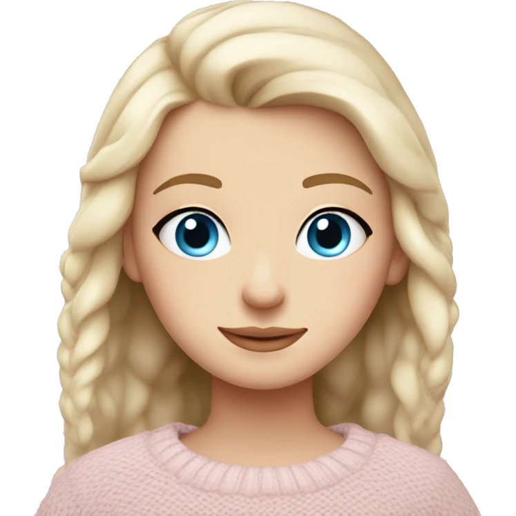 Pretty blue eyed white girl with light pink sweater reading cozy emoji