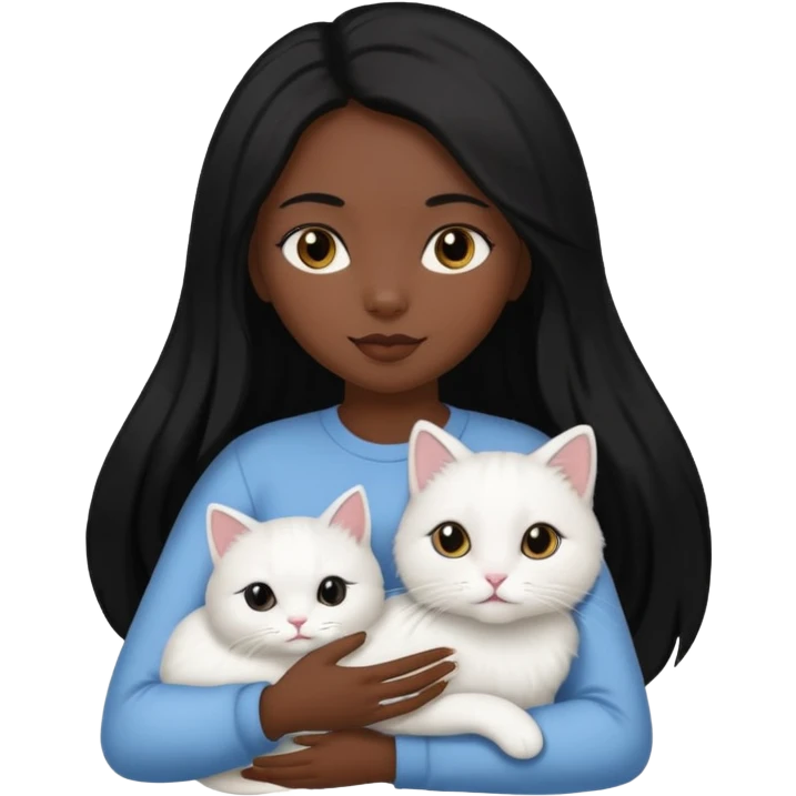 black girl with straight long black hair with a side part.  holding a female white cat emoji