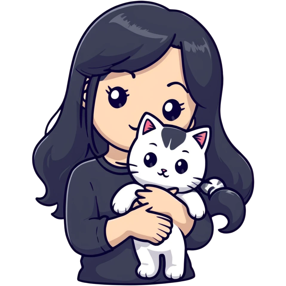 beautiful girl with long black hair holding a silver-colored cat emoji