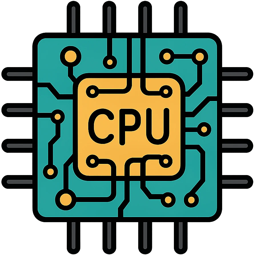 Central Processing Unit (CPU) microchip with detailed circuit patterns and technology elements. A modern processor chip icon with the text 'CPU' emoji