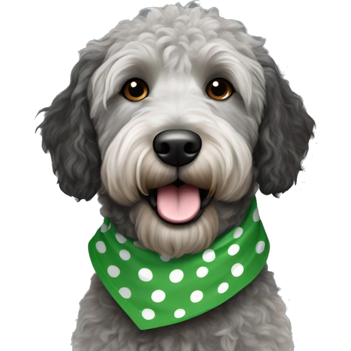 mini black and grey spotted labradoodle dog with green bandana around neck emoji