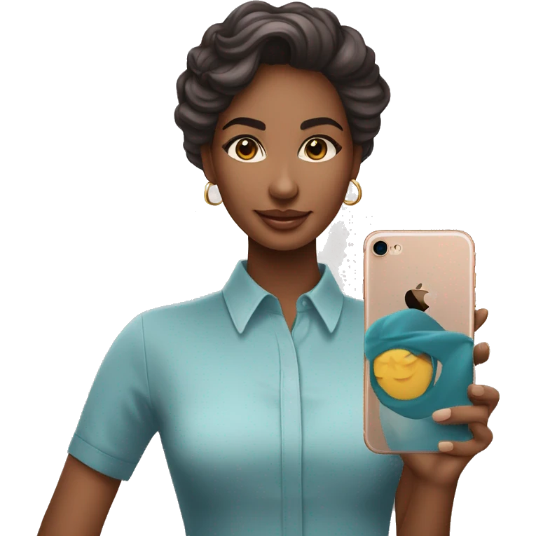 Uma mulher de olhos cor de meu morena e com iPhone 11 na mão trabalhando de social media  emoji