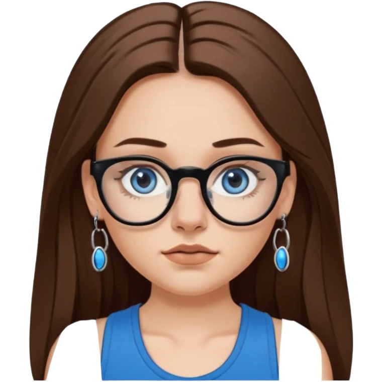 White girl with long brown hair, part going more to the RIGHT side, BLUE eyes, wearing BLACK plastic frame glasses. SEPTUM nose piercing hoop (at bottom of nose) AND stud nose piercing on right side of nose. Wearing BLACK tank top. Wearing big hoop earrings. NOOO necklace! emoji