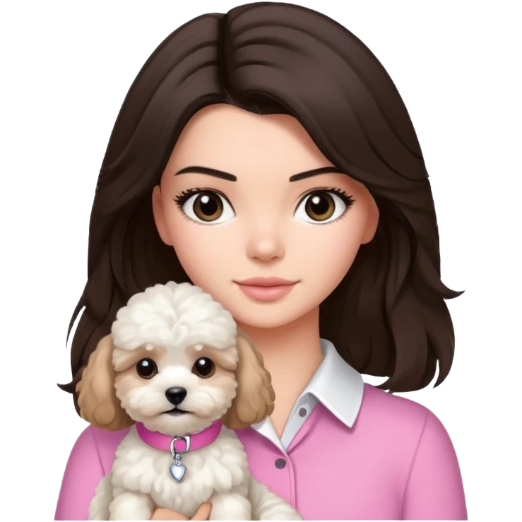 brunette Kendall Jenner with long hair holding on the hands white maltipoo wear on pink collar emoji