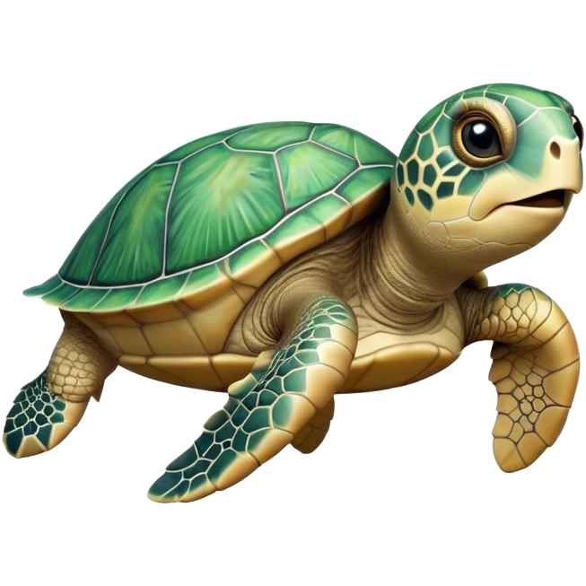 Cinematic Realistic Cute Sea Turtle Portrait Emoji, Head tilted playfully and inquisitively, featuring a compact, gentle form with a beautifully detailed shell adorned with natural patterns and a soft, expressive face with sparkling eyes, rendered with realistic textures and warm ambient light; high shine, affectionate and spirited, styled with a touch of marine whimsy, soft glowing outline, capturing the essence of a mischievous yet lovable sea turtle that seems ready to swim playfully into your arms! emoji