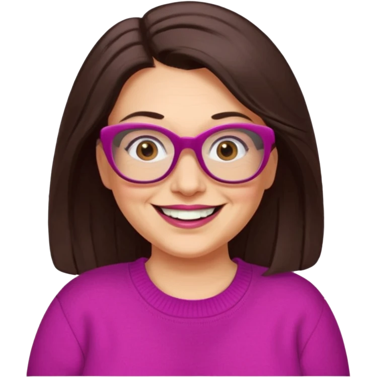50 yr Caucasian woman, long dark brown hair parted on side, brown eyes, brown glasses, big smile, white teeth, fuscia sweater, chubby,  emoji