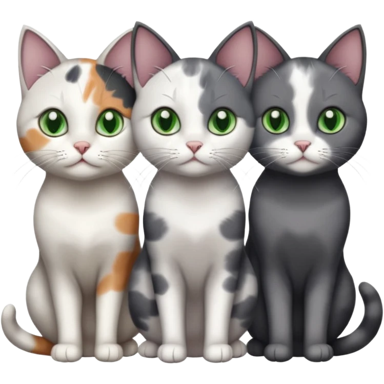 3 different coloured small cats including a dark grey and white, and a patchy calico and a completely solid dark grey with green eyes and only white paws emoji