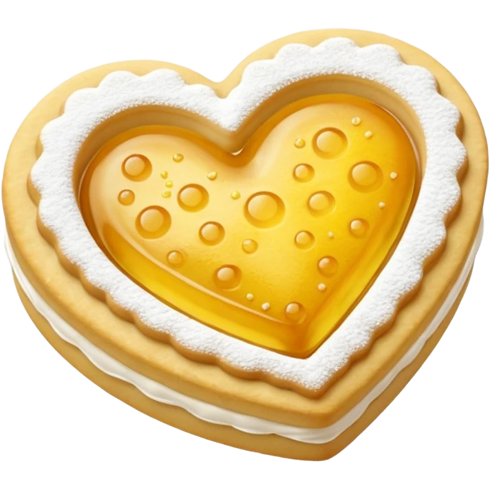 Realistic shortbread cookie in the shape of a heart with color of lemon jelly middle filling and sprinkled powder sugar on top. emoji