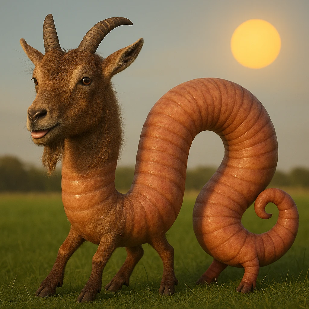 Make this goat-worm hybrid more realistic with a detailed goat head featuring natural fur, realistic horns, and a segmented worm body with lifelike texture and subtle color blending. Render in photorealistic style with no cartoon exaggeration. emoji
