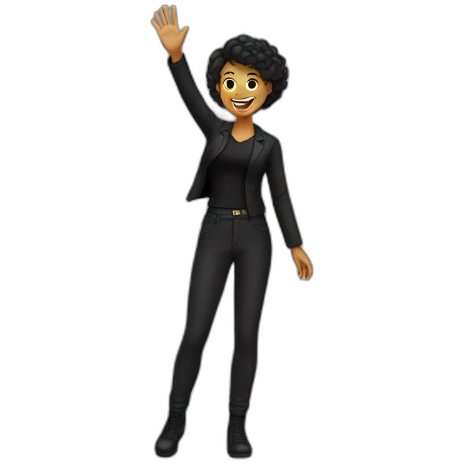 Woman waving hand with happy face in black clothes  emoji