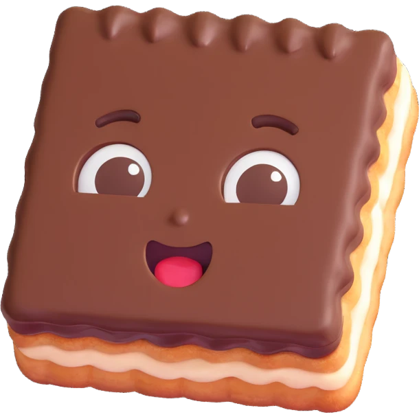 Rectangular chocolate mini pastry, slightly tilted, squished chocolate, crazy wide eyes, open mouth, text above: "ПАСТИЧКА", chibi style, Twitch emoji style, transparent background, colorful emoji
