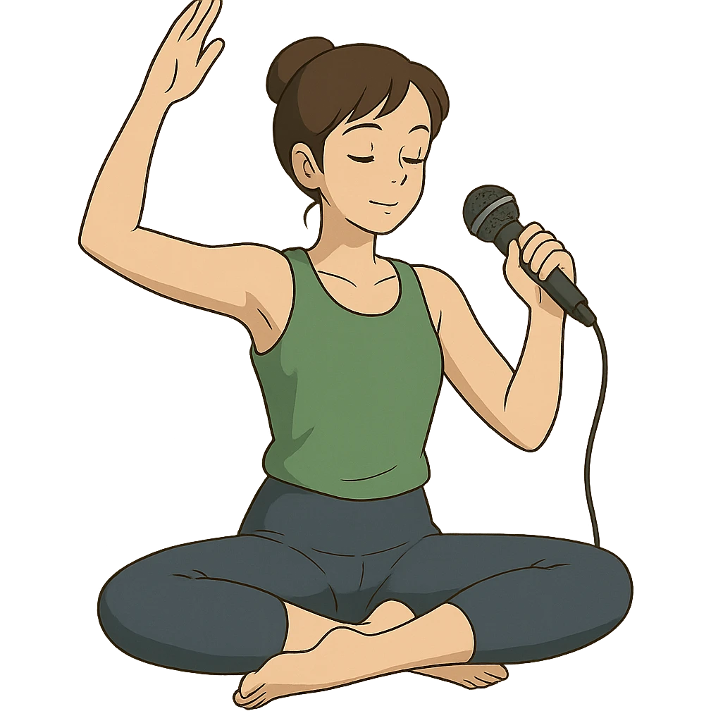 ghibli style illustration of a woman doing yoga with a microphone emoji