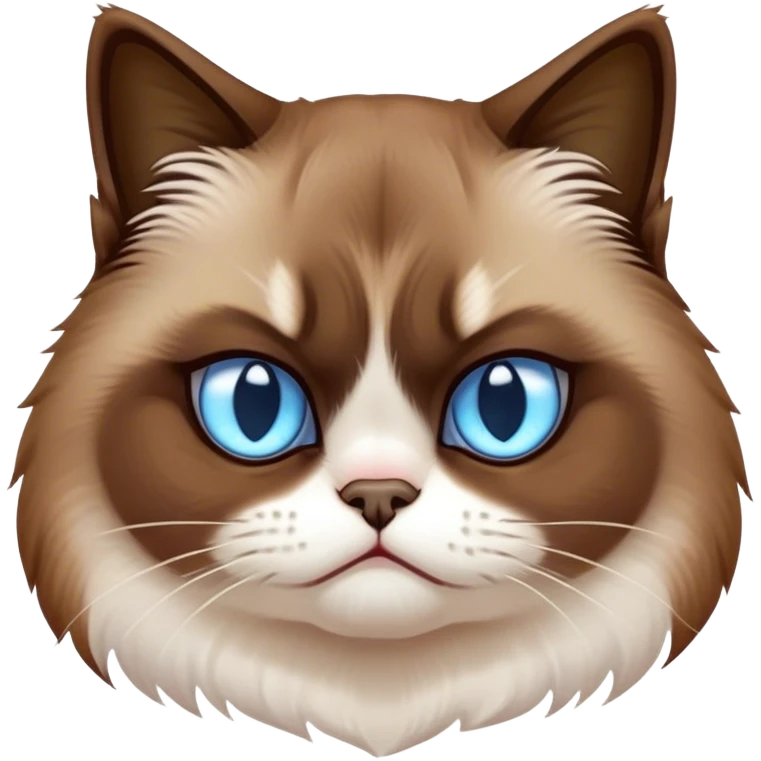 Cinematic Meme-Worthy Grumpy Snowshoe Cat Portrait Emoji, Head held high but eyes filled with dramatic disappointment, soft brown fur, white paws planted firmly in defiance, signature grumpy cat frown perfectly etched on its face, icy-blue eyes radiating pure disapproval, Simplified yet hilariously over-exaggerated features, highly detailed, glowing with an aura of supreme annoyance, high shine, exhausted yet judgmental, stylized with an almost regal pettiness, bright but brooding, soft glowing outline, capturing the essence of a feline that has seen it all and is thoroughly unimpressed, so meme-worthy it feels like it could instantly become the next viral sensation of grumpiness! emoji