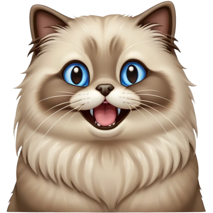 Cinematic Adorable Fluffy Brown Seal Ragdoll Cat Portrait Emoji, Head tilted cutely with big, sparkling blue eyes, soft brown seal-colored fur with darker points on the ears, face, and paws, Simplified yet irresistibly adorable features, highly detailed, glowing with a soft, warm glow, high shine, yawning in a peaceful and playful manner, stylized with a touch of whimsy, bright and endearing, soft glowing outline, capturing the essence of a relaxed and loving kitten, so cute it feels like it could leap out of the screen and stretch into a cozy nap! emoji