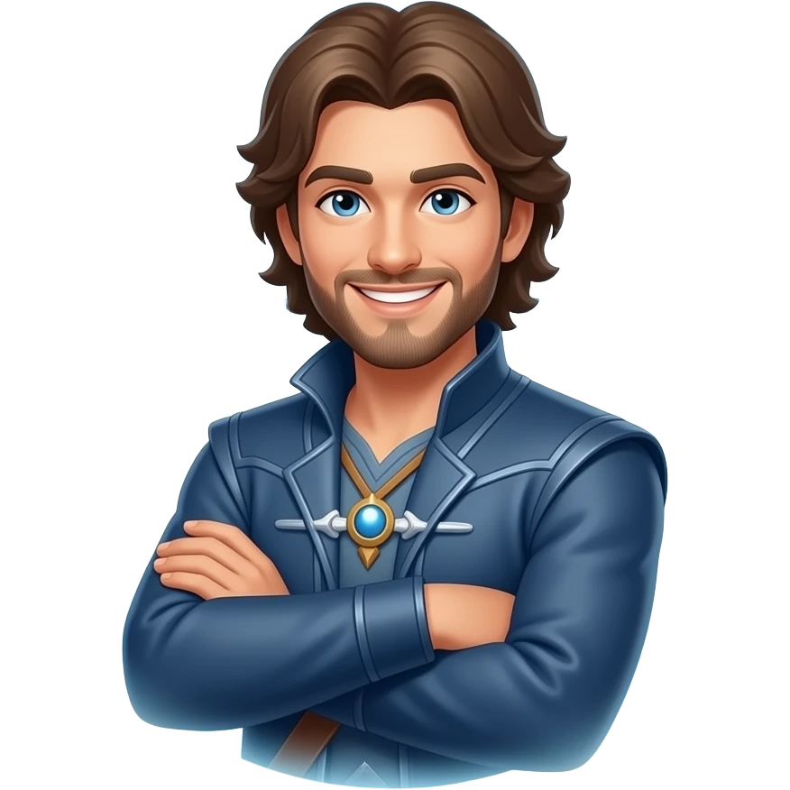 Fantasy man, arms crossed, smiling. Magical aura. Text: 'Answer to them, Baly'. Baly in sky blue. Clean white background, sticker style. emoji