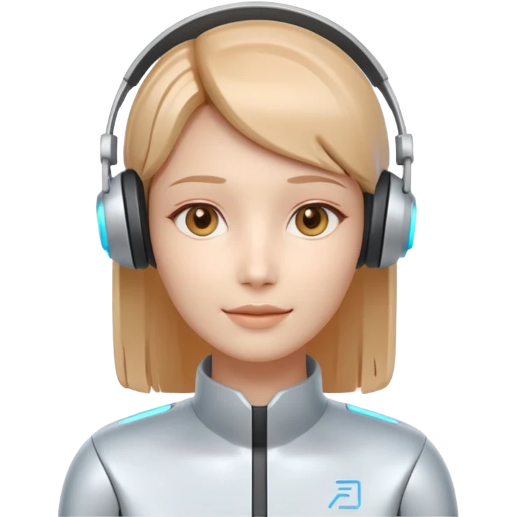 AI Call Agent holo-human-like Cyber AI face, warm, calm and friendly. Holographic look.Soft AI face with a listening, welcoming expression, minimal facial lines, calm eyes. Light headset. emoji