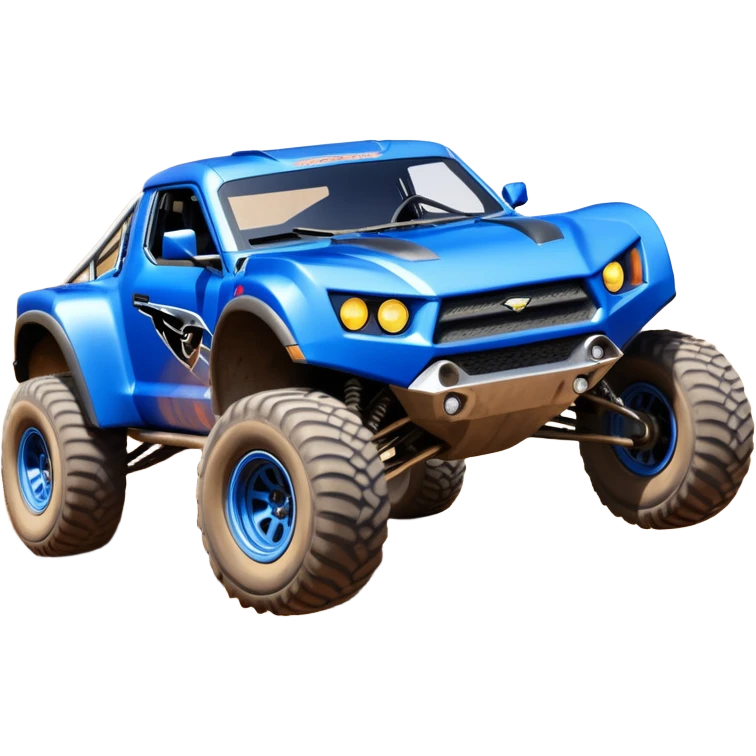 Satan’s (post race) ultra blue wide-body Dirty and dented Local Motors Rally Fighter off road race car hot rod trophy truck flying turning a tight corner (silver wheels) emoji