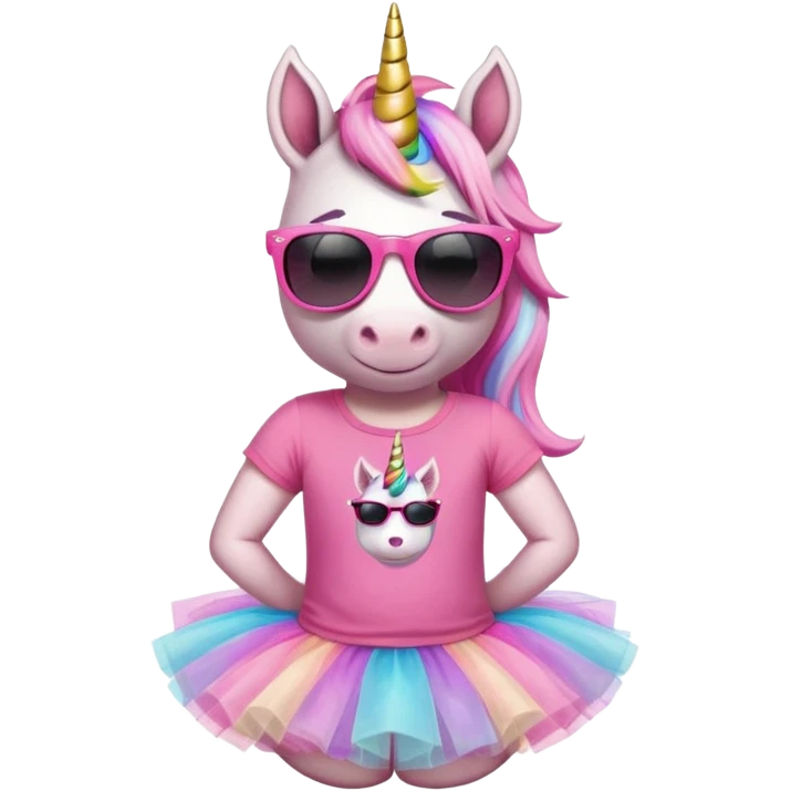 friendly anthropomorphised female unicorn in tutu and pink t-shirt, wearing dark sunglasses, relaxed pose, head and shoulders portrait emoji